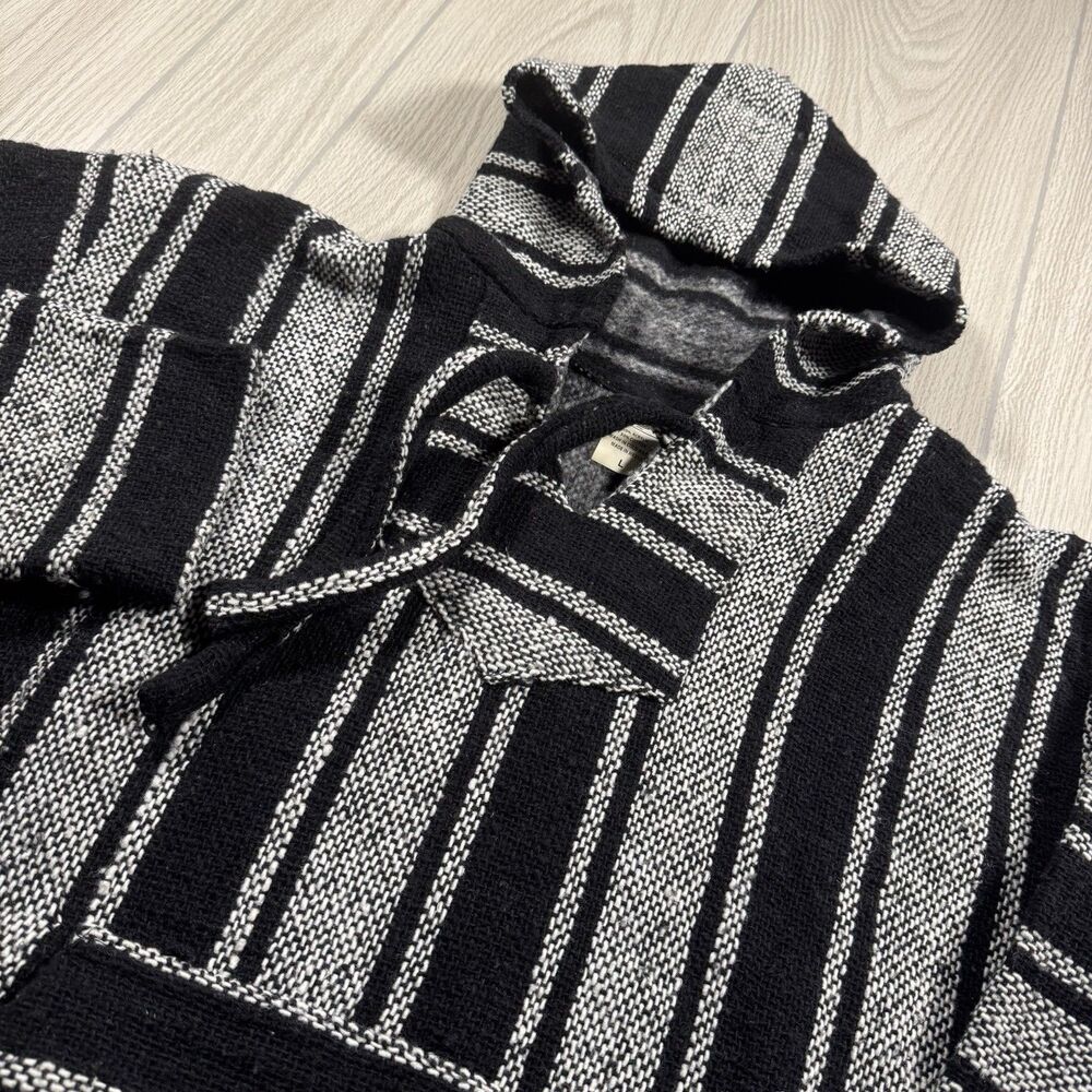Del Mex Baja Hoodie Pullover Poncho Mens L Black White Soft Lining Beach Surfer